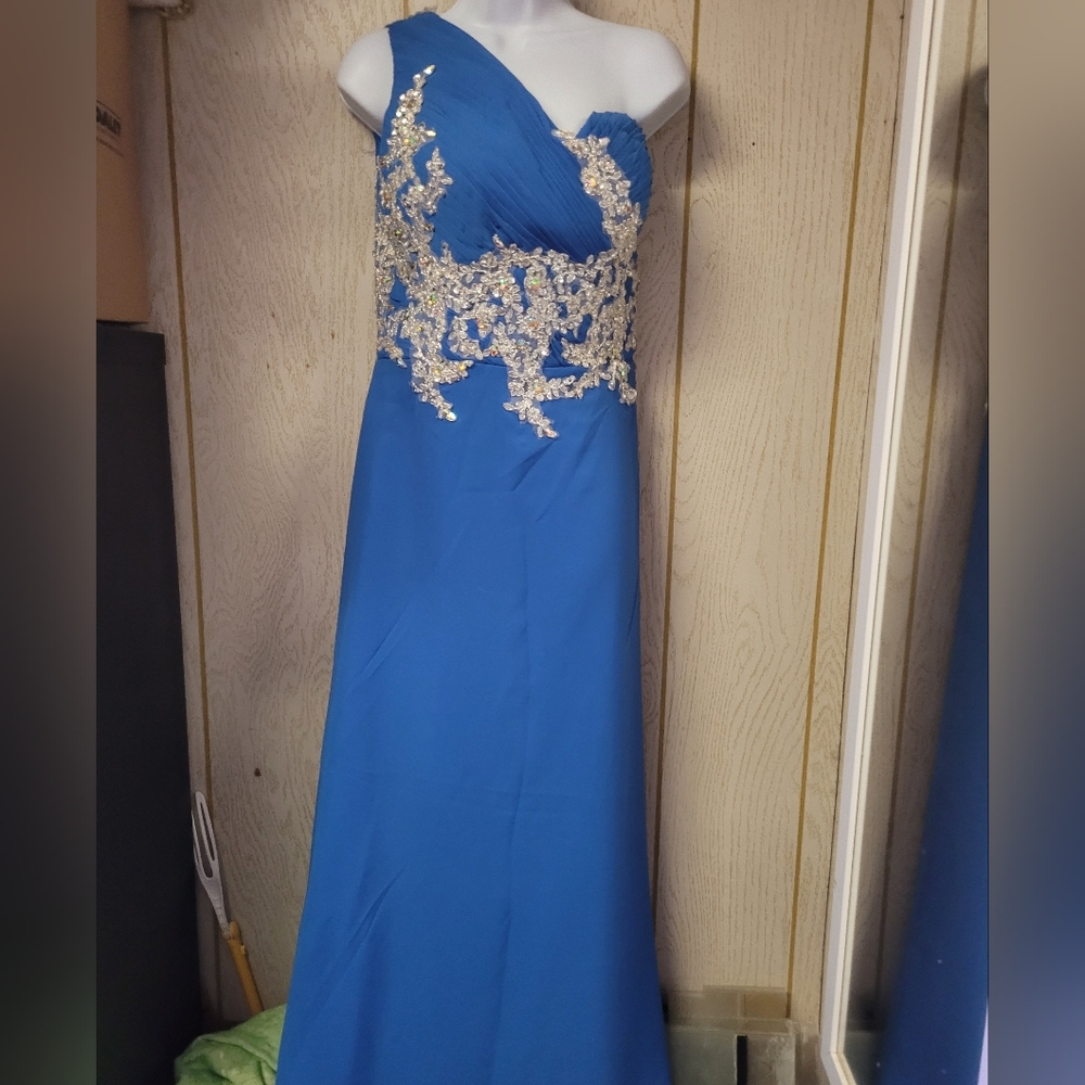 One Shoulder Blue Chiffon Dress with Gold And Silver Detailing